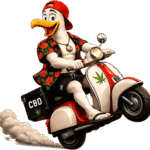 Mascotte Ocean Rider se dirigeant vers la droite sur son scooter pour illustrer le conseil personnalisé et la livraison de CBD premium.