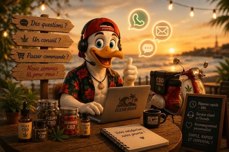Mascotte Ocean Rider répondant aux questions des clients sur une terrasse face à l'océan pour conseiller sur le CBD premium à La Rochelle.