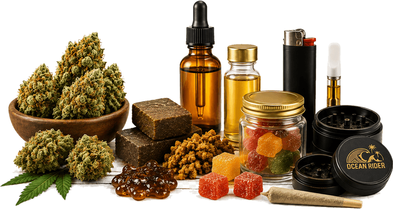 Gamme de produits CBD premium Ocean Rider : fleurs CBD, résines, huiles, gummies, e-liquides et accessoires disponibles en livraison à La Rochelle et en France.