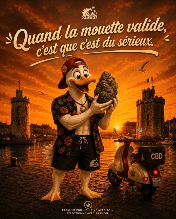 Mascotte Ocean Rider présentant une fleur de CBD premium sélectionnée avec soin devant le Vieux-Port de La Rochelle